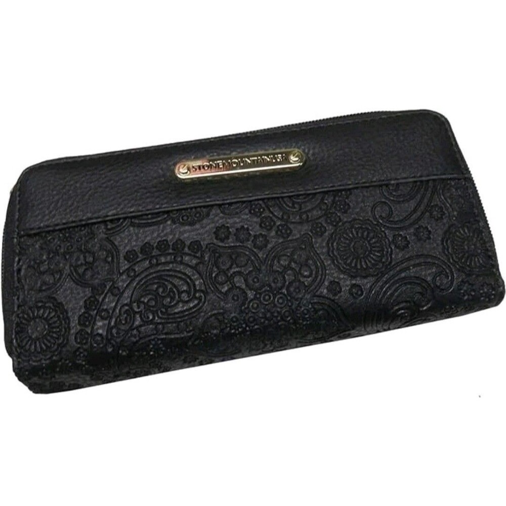 Brand New STONE MOUNTAIN Black Leather Paisley Embose Zip Wallet & Checkbook NIB